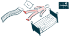 A person is seen lying awake on the floor at night time, between an empty bed and a pillow and a blanket, with the moon visible outside the window.