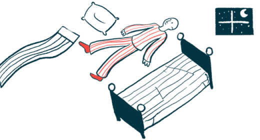 A person is seen lying awake on the floor at night time, between an empty bed and a pillow and a blanket, with the moon visible outside the window.