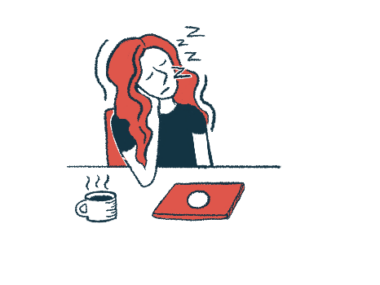 A woman is seen sleeping at a table, with a folder and a steaming cup of coffee in front of her.