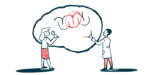 One scientist shines a flashlight on a giant brain while another examines it with a magnifying glass.