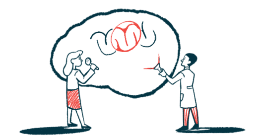 An illustration of two healthcare professionals studying an image of the brain.