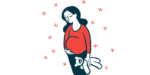A pregnant woman cradles her belly with one hand while holding a teddy bear with the other.