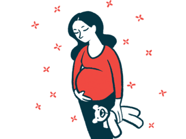 A pregnant woman cradles her belly with one hand while holding a teddy bear with the other.