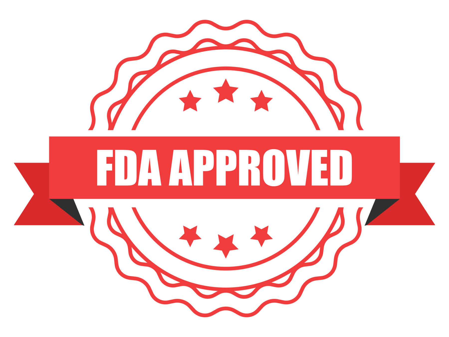 A red banner with the words FDA Approved written on it is pictured over a seal.