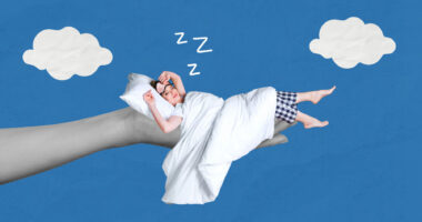 An image shows a person sleeping on a tree branch with clouds and a blue sky in the background.