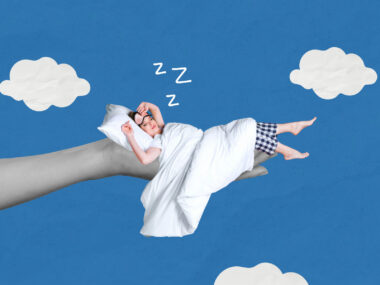 An image shows a person sleeping on a tree branch with clouds and a blue sky in the background.