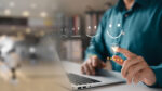 A person uses a laptop, with a customer satisfaction survey superimposed over the image.