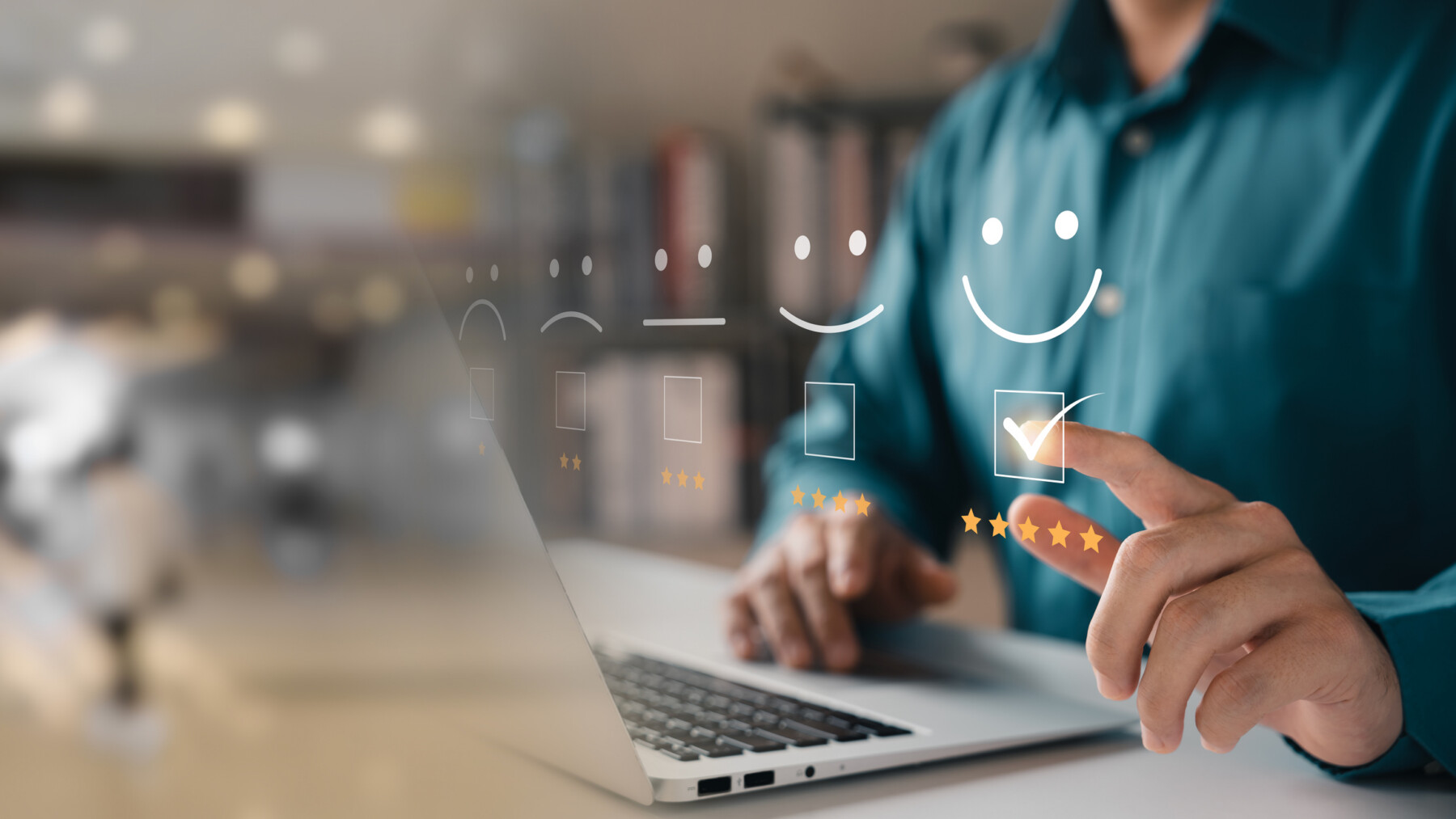 A person uses a laptop, with a customer satisfaction survey superimposed over the image.
